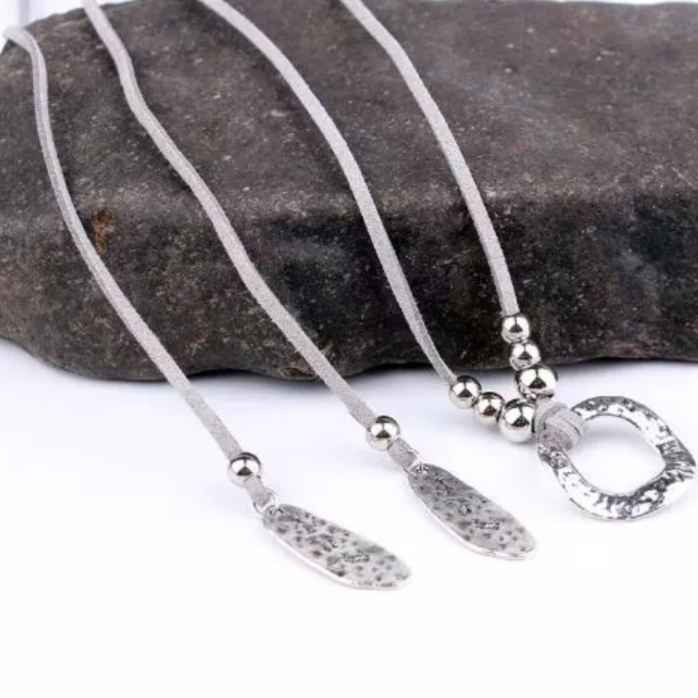 Boho Western Long Choker Necklace Hammered Gray - Picture 7 of 8